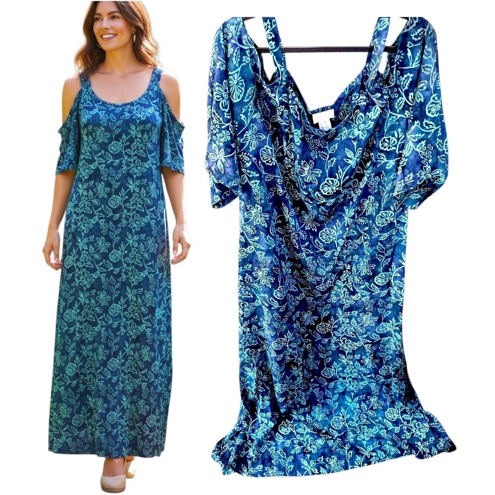 Soft Surroundings Sz L Vintage Teal Blue AOP Floral Cold Shoulder Maxi Dress